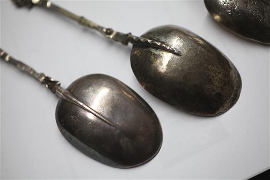 Two 19th century Dutch? silver apostle spoons, longest 18cm.
